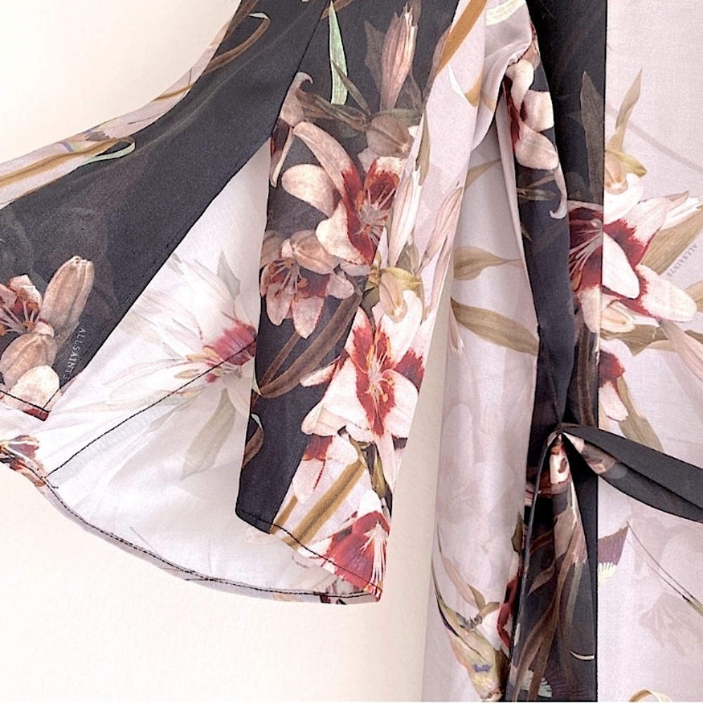 ALL SAINTS ELSA KUROYURI LEOPARD FLORAL KIMONO SLEEVE MIDI WRAP DRESS Gray 8 - Picture 11 of 15